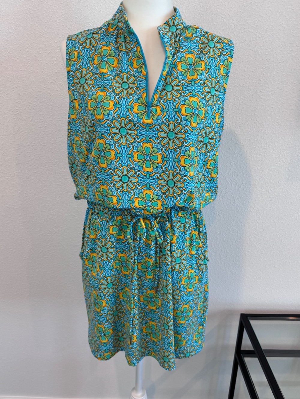 IBKUL Women’s Turquoise Floral Print Sleevless Drawstring Golf Dress Size Large